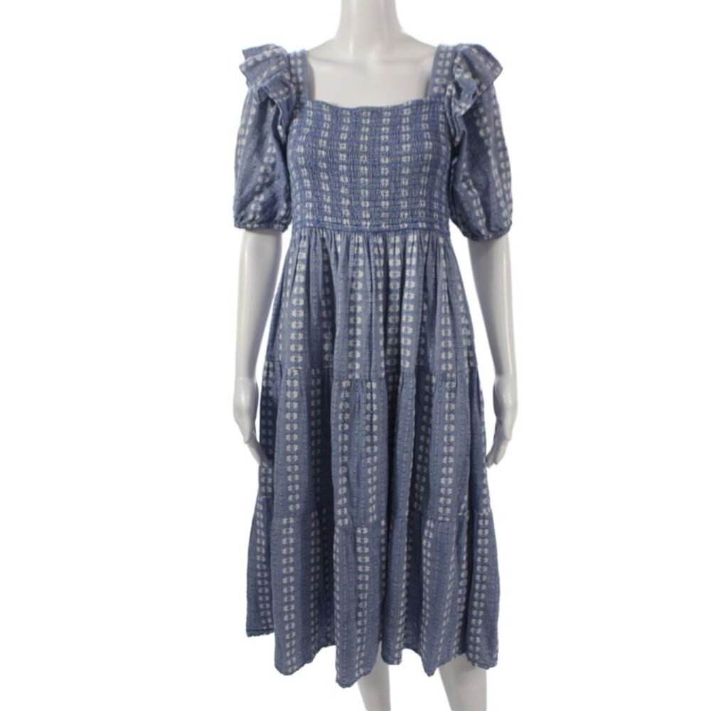 Sofie Schnoor Women Sundress Blue Cotton Square Neck Short Sleeve Size L